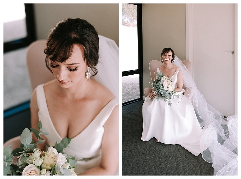 bride posing in chair with bouquet