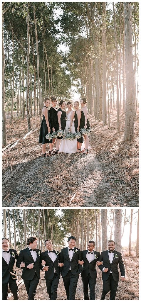 bride with bridesmaids on track in trees