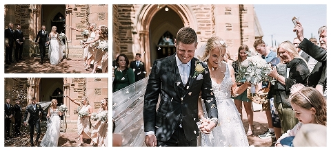 bride and groom exiting church being covered in rose petals