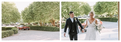 bride and groom walking into reception